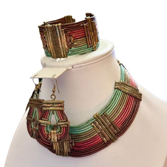 Vintage Alexis Kirk 70s Brass Leather Tribal Jewelry Set - Picture 10 of 12